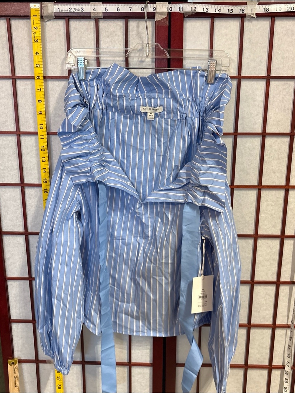 Striped Light Blue tie  Blouse with Ruffle Neckline